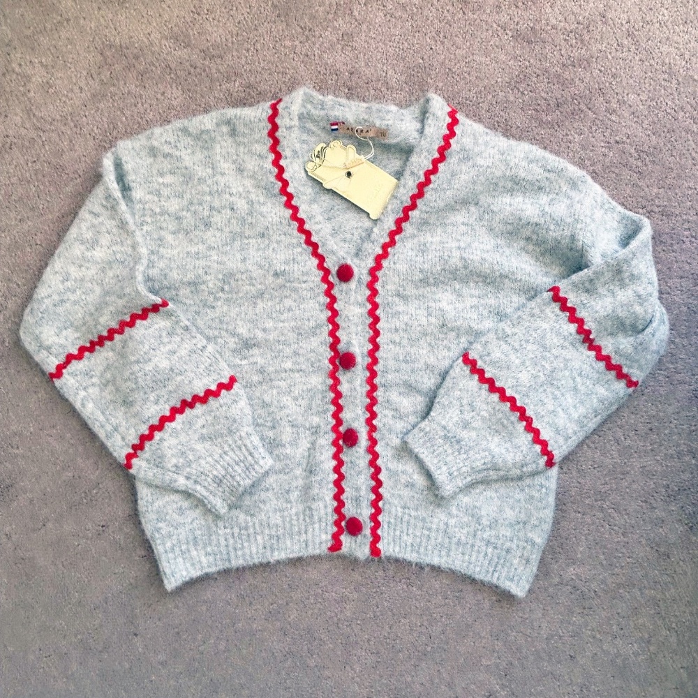 Azara France Soft button front cardigan grey with contrast red trim NWT - Picture 10 of 16